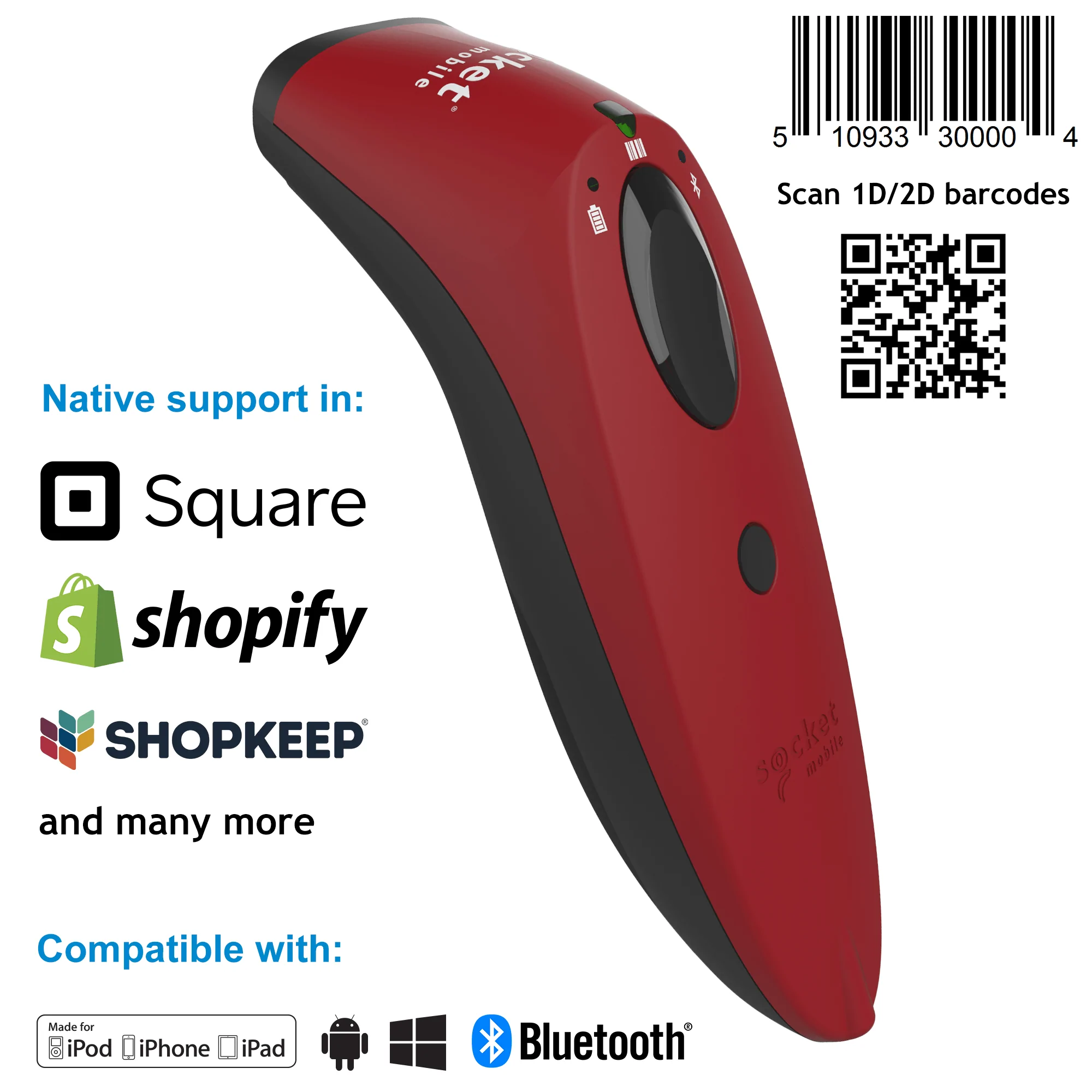 Socket S740 2D Barcode Scanner w/Bluetooth Interface, w/Charging Adapter, Red, PN #CX3413-1832