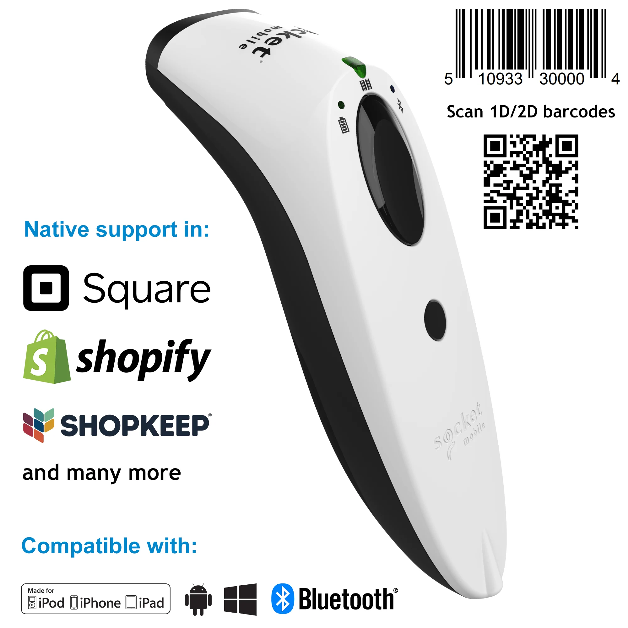 Socket S740 2D Barcode Scanner w/Bluetooth Interface, w/Charging Adapter, WHITE, PN #CX3419-1838