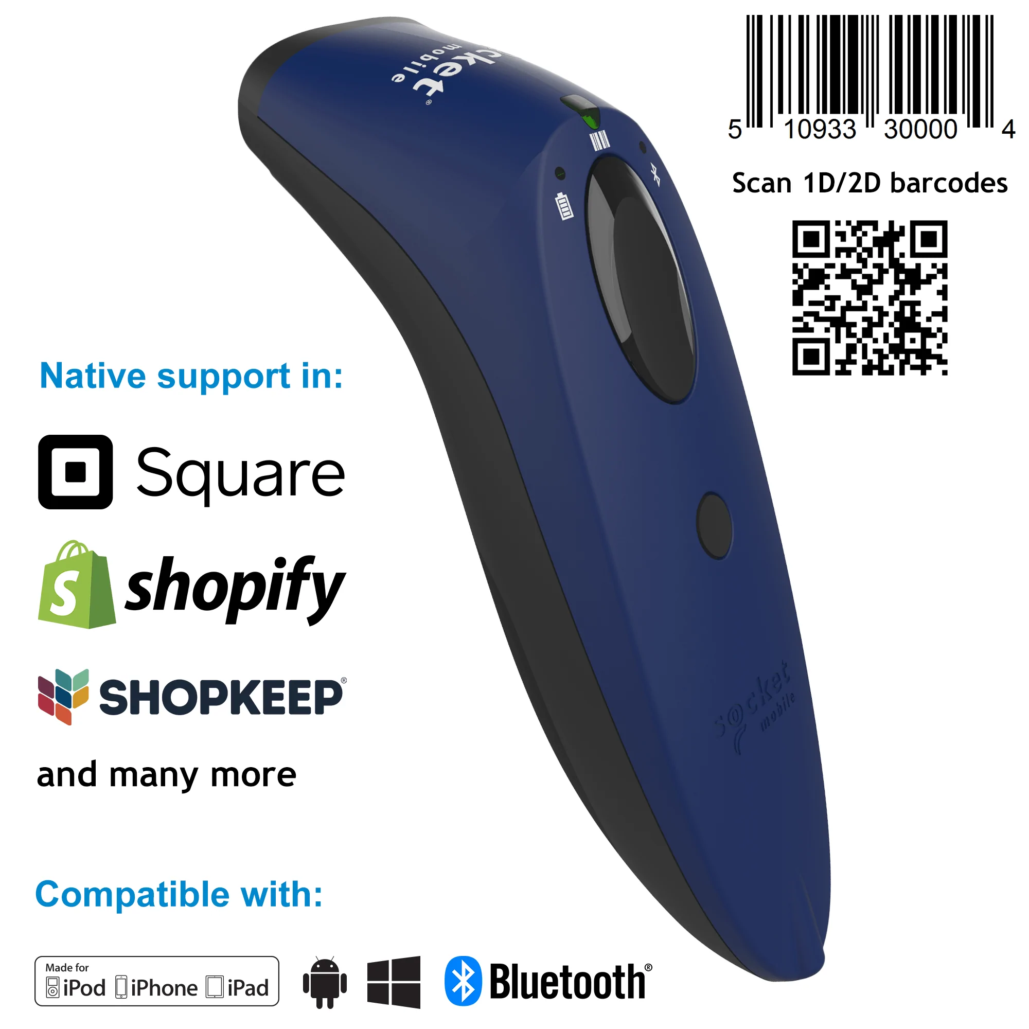 Socket S740 2D Barcode Scanner w/Bluetooth Interface, w/Charging Adapter, BLUE, PN #CX3431-1881